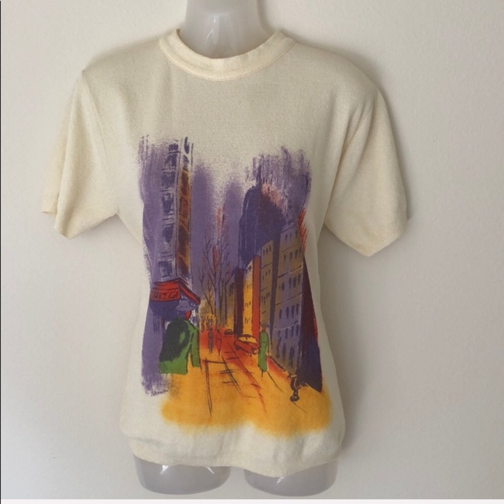 Vintage City Street Scene Knit Top back Zip size Med